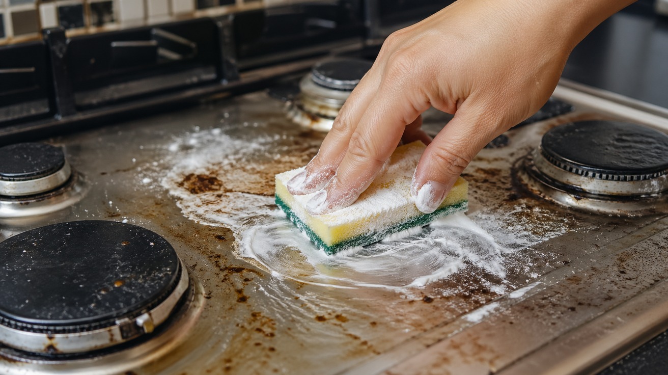 Mão usando uma esponja para limpar um fogão de inox muito sujo, com uma pasta branca de bicarbonato de sódio agindo sobre a gordura.