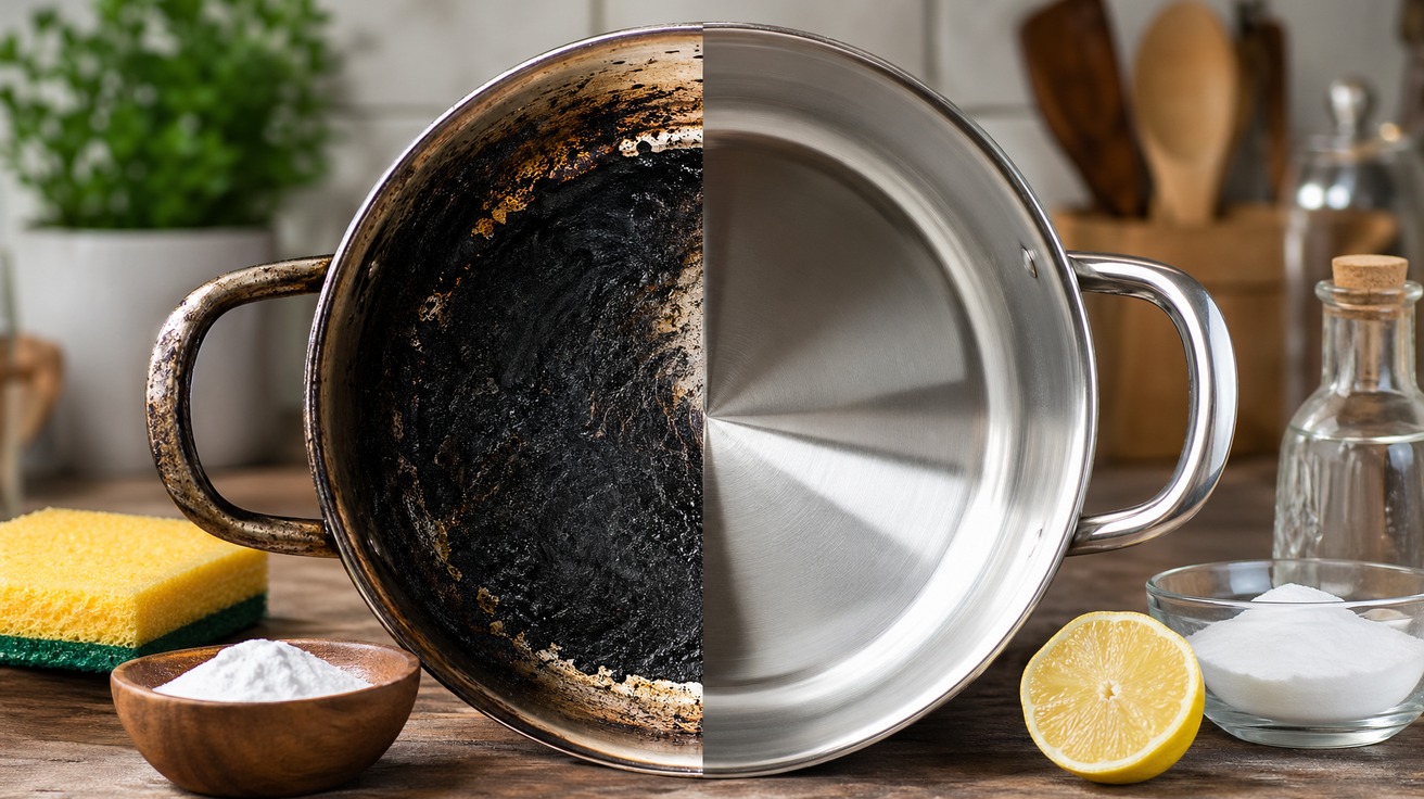 Uma panela de aço inoxidável brilhante, dividida ao meio: um lado está com uma crosta preta de queimado e o outro está perfeitamente limpo e espelhado, mostrando o antes e depois do truque de limpeza.