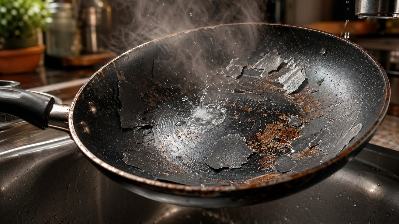 Close-up dramático de uma frigideira antiaderente com o fundo empenado e o revestimento descascando, enquanto uma gota de água evapora instantaneamente em contato com a superfície quente, simbolizando o dano por choque térmico.