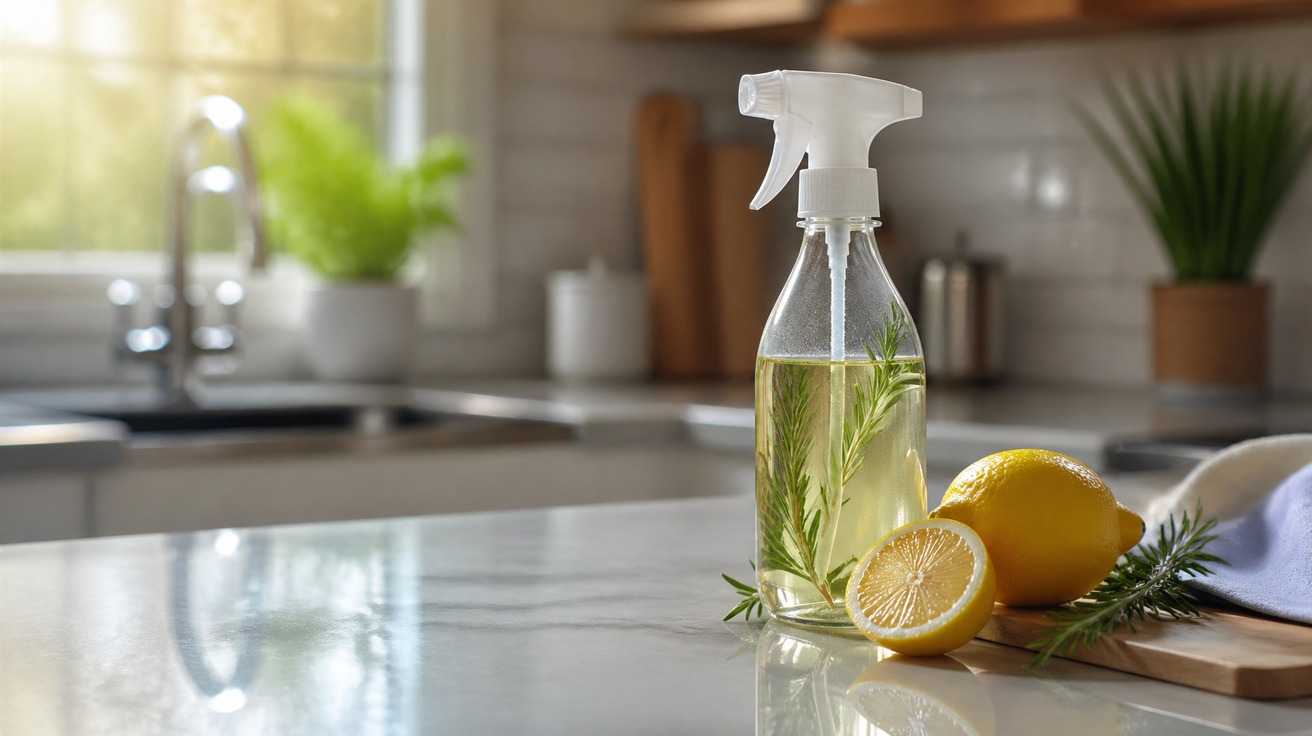 Uma bancada de cozinha limpa e brilhante com um borrifador de vidro contendo uma solução de limpeza caseira ao lado de um limão cortado e um ramo de alecrim, sugerindo frescor e limpeza natural.