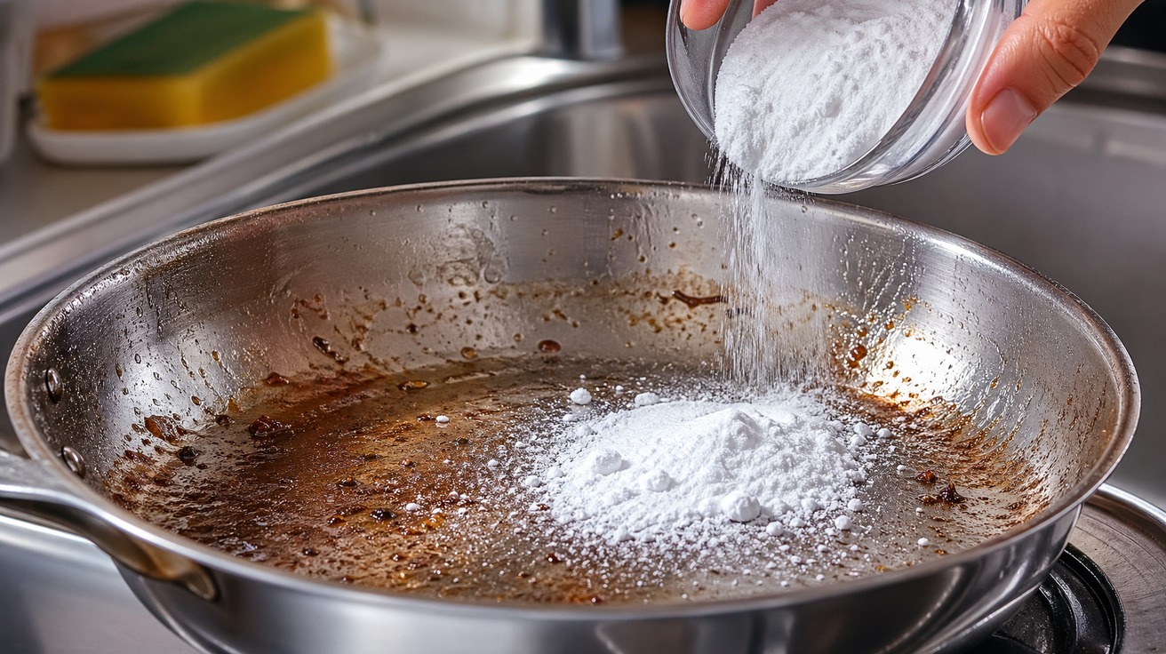 Close-up focado na textura do bicarbonato de sódio sendo polvilhado sobre uma frigideira de aço inox visivelmente engordurada, com a luz da cozinha refletindo na superfície metálica.