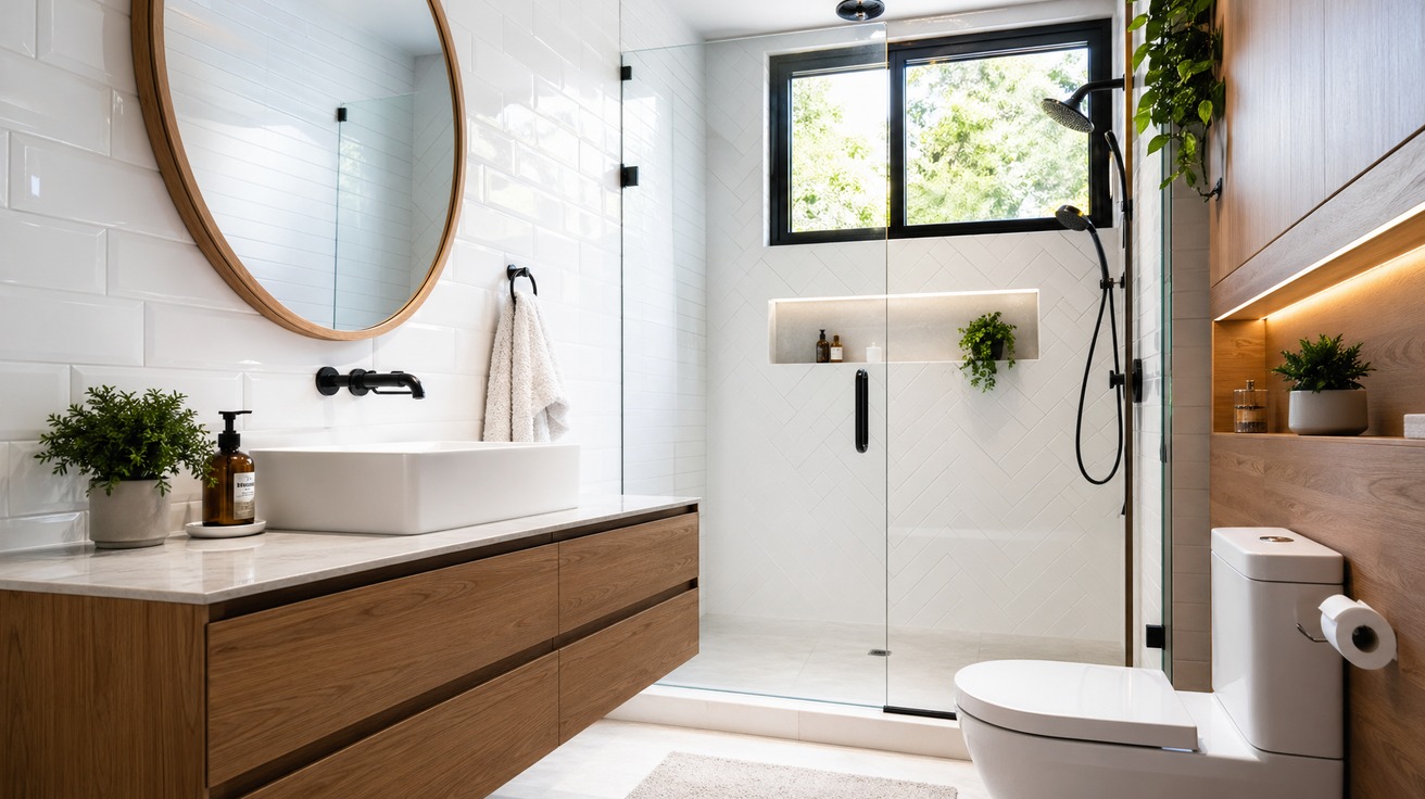 Um banheiro impecavelmente limpo e organizado, com azulejos brancos brilhando, um box de vidro transparente e detalhes em madeira, visto de um ângulo que transmite frescor e higiene.