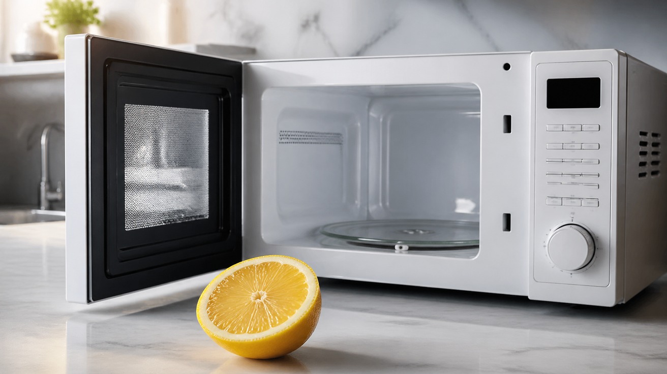 Interior de um micro-ondas branco e brilhante, com uma metade de limão fresco em primeiro plano, sobre um balcão de cozinha claro e moderno.