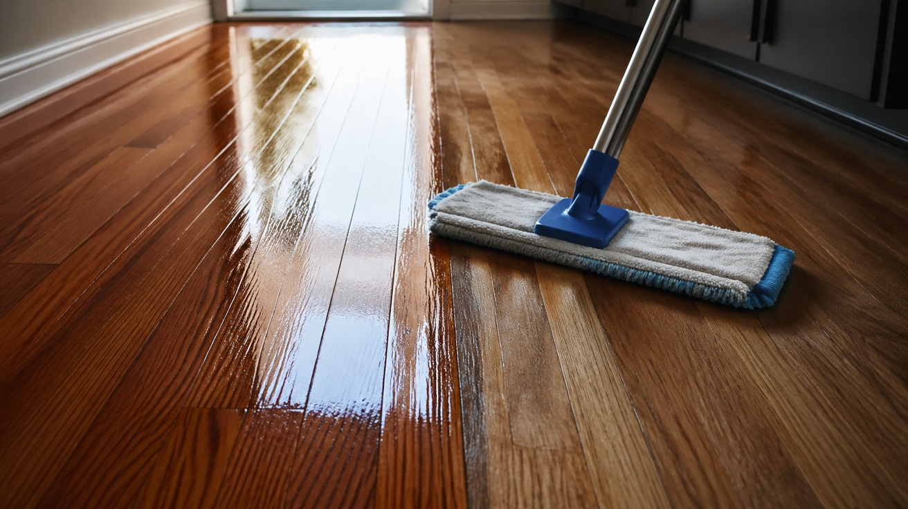 Close-up de um piso de madeira brilhante, onde metade está limpa e reflete a luz, e a outra metade está sendo limpa com um MOP de microfibra, mostrando a diferença de brilho e cuidado.