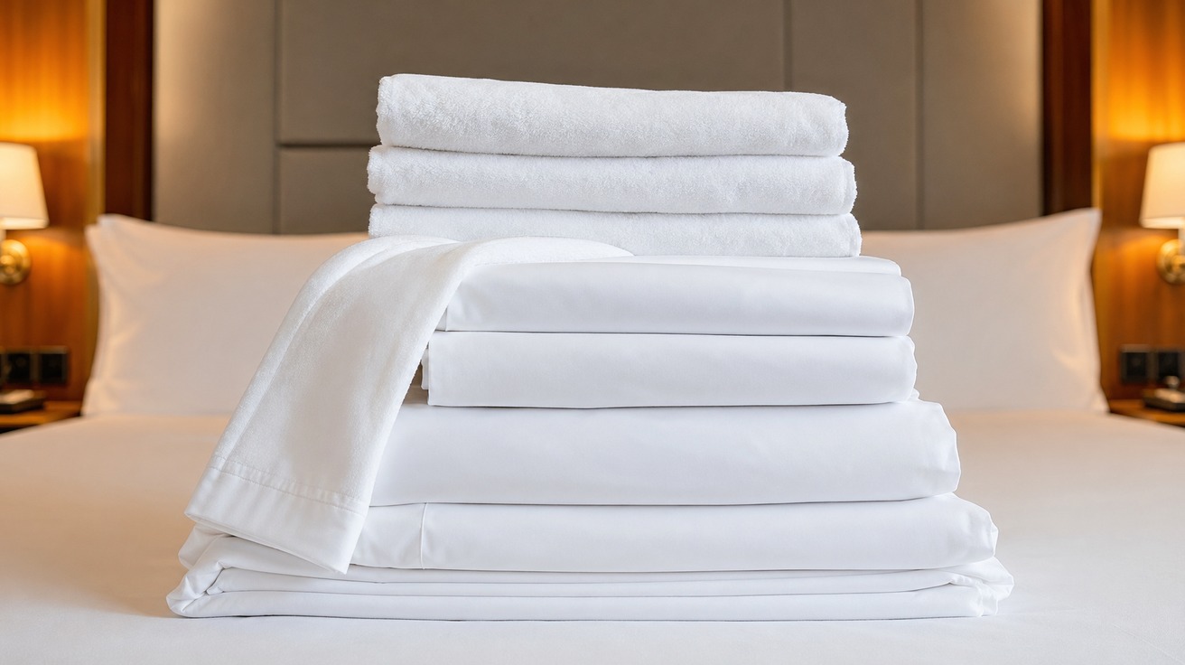 Uma pilha de lençóis e toalhas de hotel perfeitamente brancos e dobrados sobre uma superfície limpa, transmitindo uma sensação de luxo, limpeza e conforto.