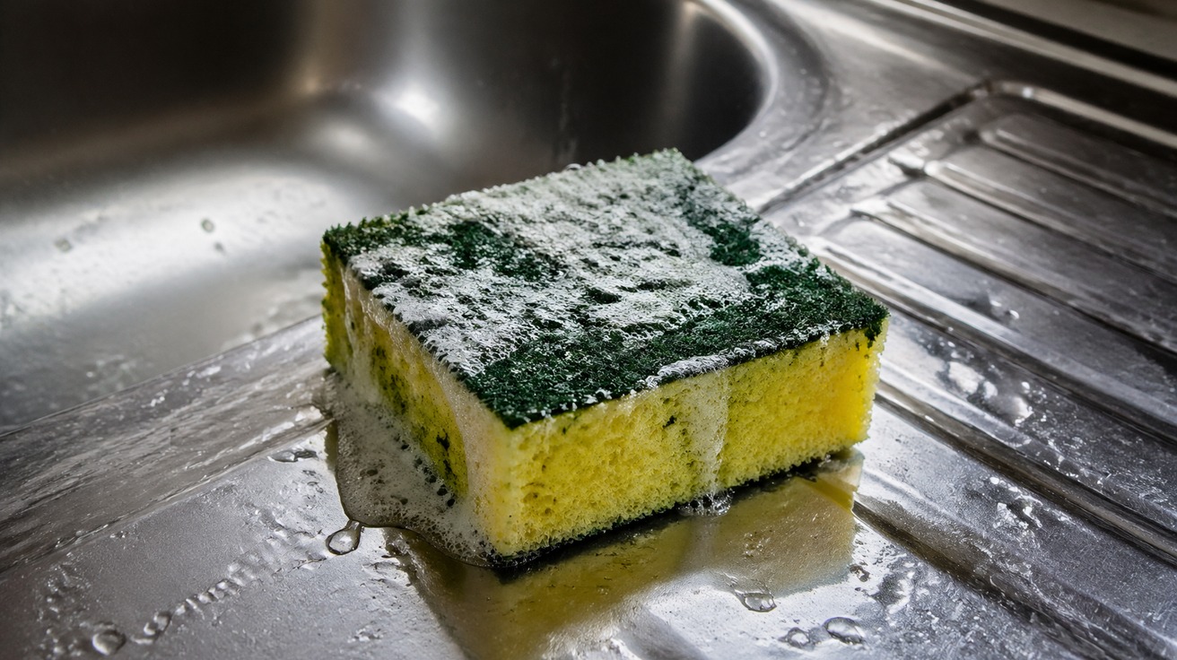 Close-up de uma esponja de cozinha amarela e verde, visivelmente usada e com bolhas de sabão, repousando sobre uma pia de aço inoxidável molhada, com gotas de água refletindo a luz da cozinha.