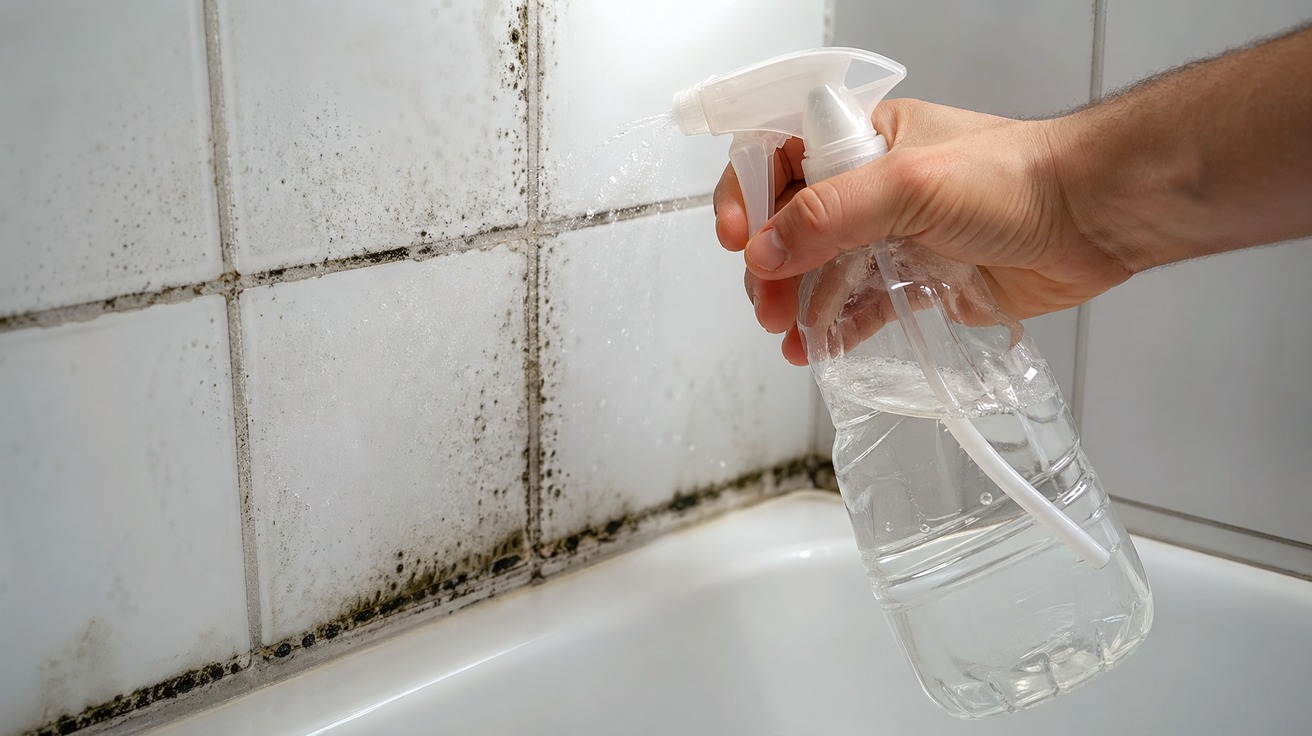Close-up de um borrifador transparente contendo vinagre branco sendo aplicado em uma parede de azulejos com pontos de mofo no rejunte do banheiro.