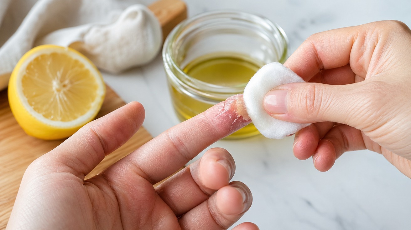 Close-up das mãos de uma pessoa aplicando cuidadosamente uma solução oleosa com um algodão sobre uma mancha de cola seca na ponta do dedo, com um limão e um pote de vidro ao fundo em uma cozinha clara.