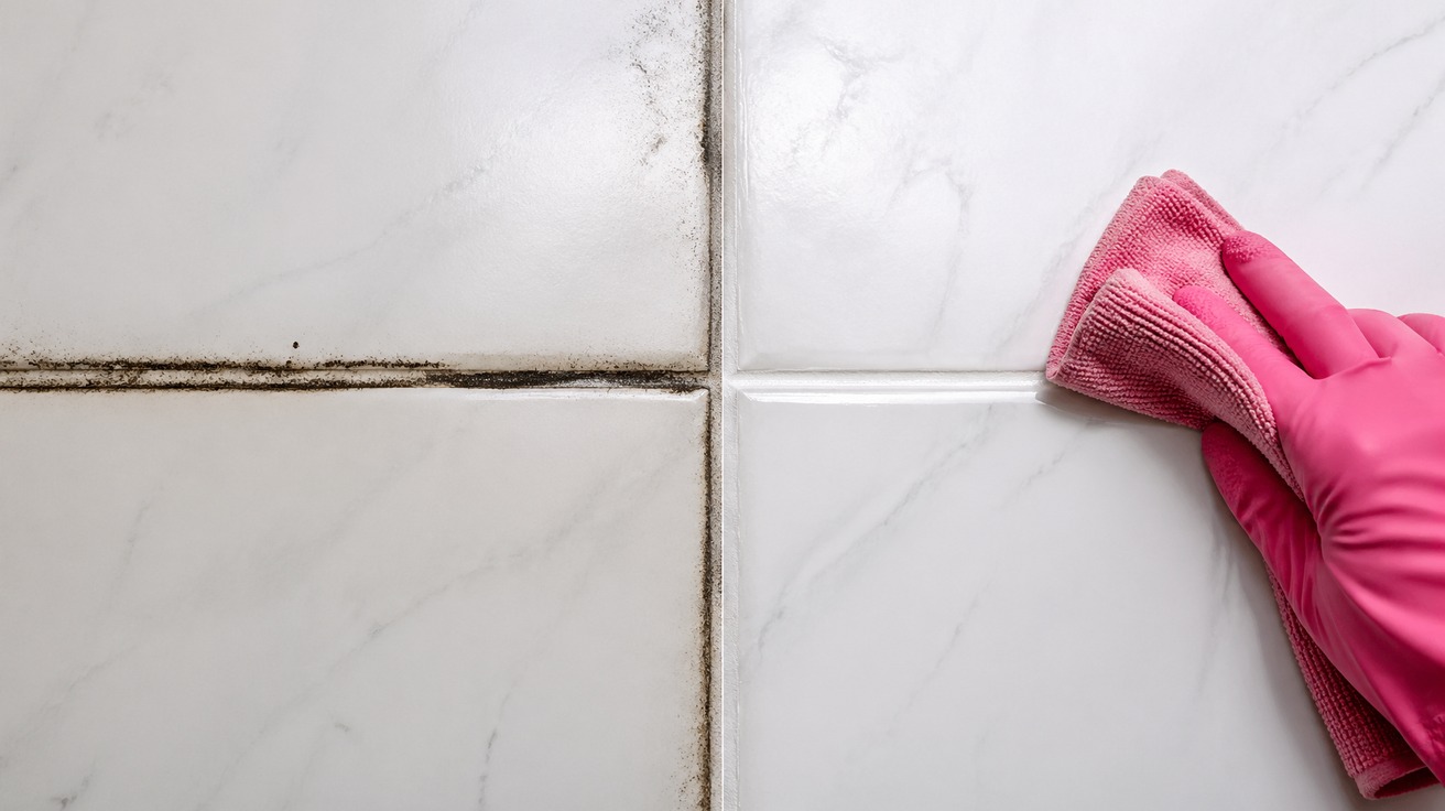 Comparação lado a lado de um rejunte de azulejo: à esquerda, uma linha escura e encardida; à direita, a mesma linha perfeitamente branca e limpa após a aplicação do truque de limpeza.