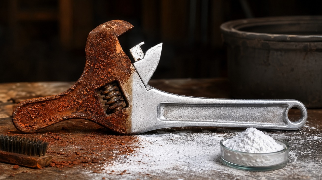 Close-up de uma ferramenta de metal antiga, metade coberta por uma camada espessa de ferrugem e a outra metade brilhando, limpa e restaurada após a aplicação de um pó branco.