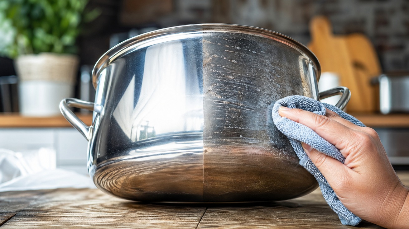 Close-up de uma panela de aço inoxidável sendo polida com um pano, a metade esquerda da panela está brilhante e reflexiva, enquanto a metade direita ainda aparece com riscos e fosca.