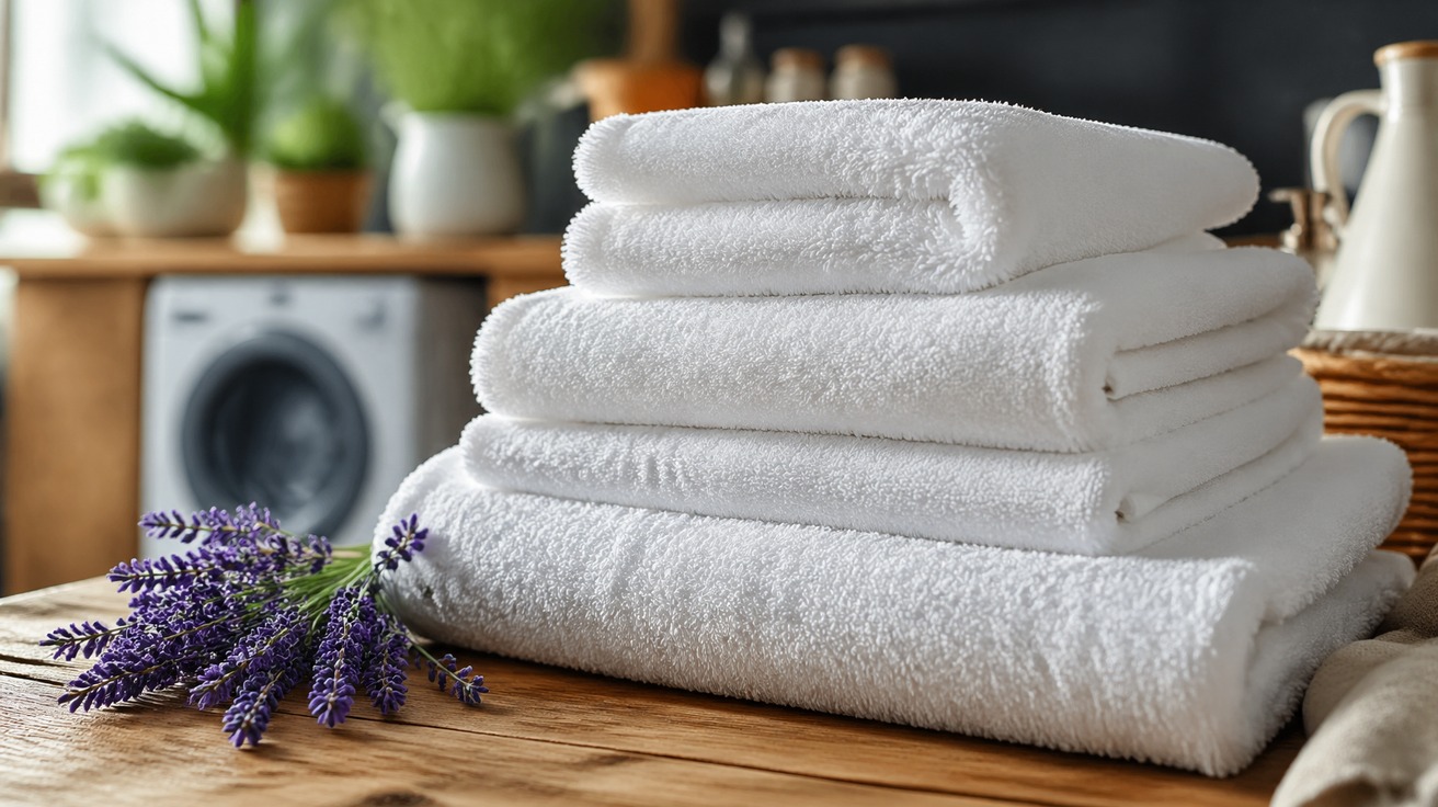 Pilha de toalhas brancas, macias e felpudas, perfeitamente dobradas sobre uma superfície de madeira rústica, com um pequeno ramo de lavanda ao lado, evocando uma sensação de spa e limpeza.