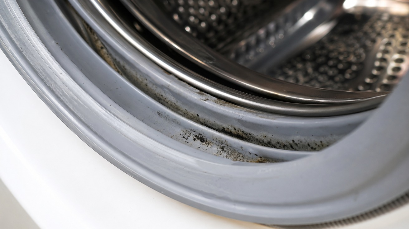 Close-up do interior de uma máquina de lavar roupa, focando na borracha de vedação cinza onde pequenas manchas escuras de mofo são visíveis nas dobras, com o tambor de inox úmido ao fundo.