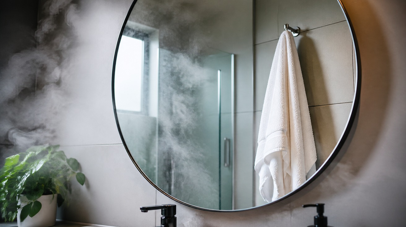 Close-up de um espelho de banheiro perfeitamente claro e sem embaçamento, refletindo uma toalha branca pendurada, enquanto o vapor preenche sutilmente o fundo do ambiente.