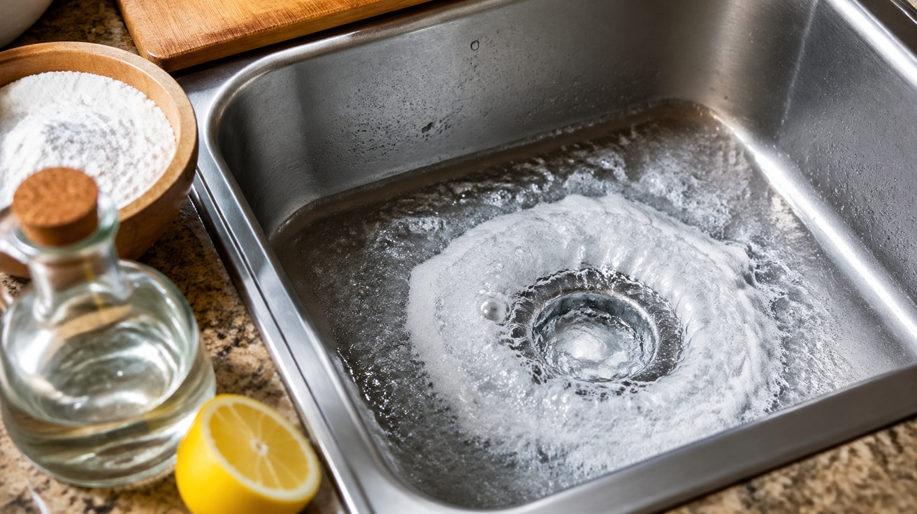 Close-up de um ralo de pia de cozinha em aço inoxidável com uma efervescência branca borbulhando de dentro, sugerindo uma reação de limpeza em andamento.