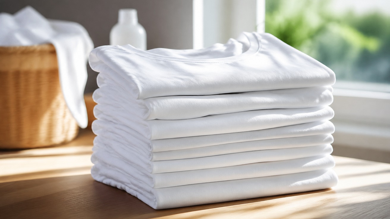 Uma pilha de roupas brancas de algodão, imaculadas e perfeitamente dobradas, sobre uma superfície de madeira clara. A luz natural suave que entra pela janela destaca a brancura e a textura limpa do tecido.