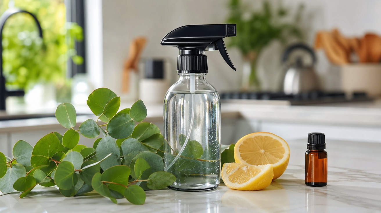 Bancada de cozinha clara com um borrifador de vidro contendo líquido transparente, ao lado de um ramo de eucalipto fresco, um limão siciliano cortado e um pequeno frasco de óleo essencial.