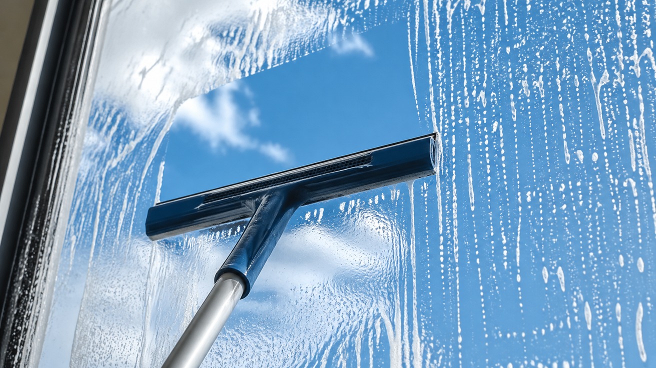 Close-up de um rodo profissional deslizando sobre um vidro molhado e ensaboado, deixando um rastro perfeitamente limpo e transparente que reflete um céu azul.