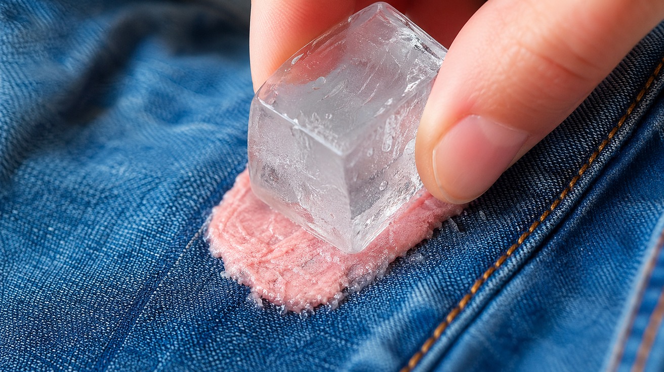 Close-up de um cubo de gelo translúcido sendo pressionado contra uma mancha de chiclete rosa em uma calça jeans azul, com o chiclete começando a congelar e endurecer.