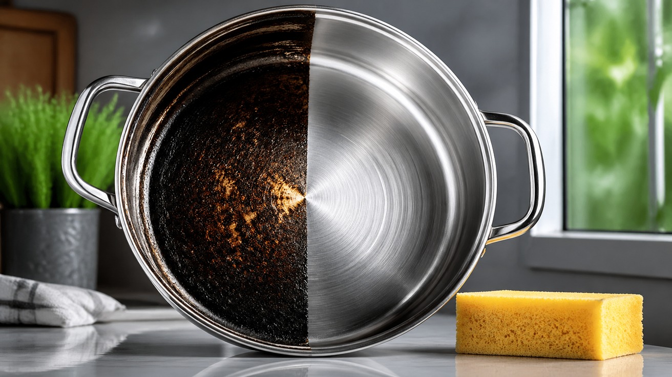 Close-up de uma panela de aço inoxidável brilhante, com o fundo dividido ao meio: um lado escuro e queimado, e o outro lado perfeitamente limpo, mostrando o antes e depois. Ao lado, uma esponja amarela macia.