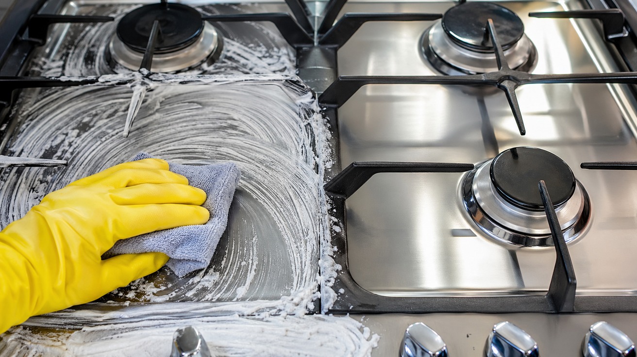 Close-up de um fogão de inox extremamente limpo e brilhante, refletindo a luz da cozinha, com metade da superfície ainda coberta por uma pasta de limpeza branca sendo removida por uma mão com luva.