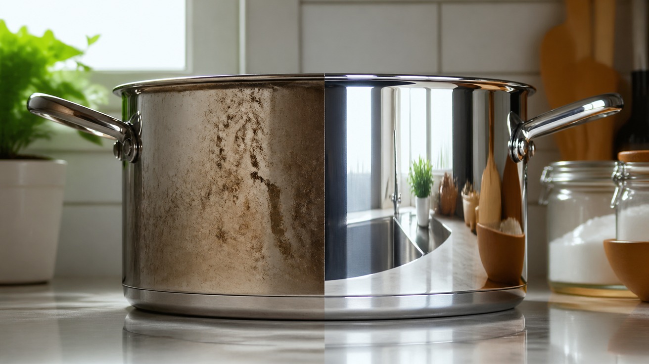 Close-up de uma panela de aço inoxidável dividida ao meio: um lado está opaco e manchado, o outro lado está extremamente brilhante e espelhado, refletindo a luz da cozinha.