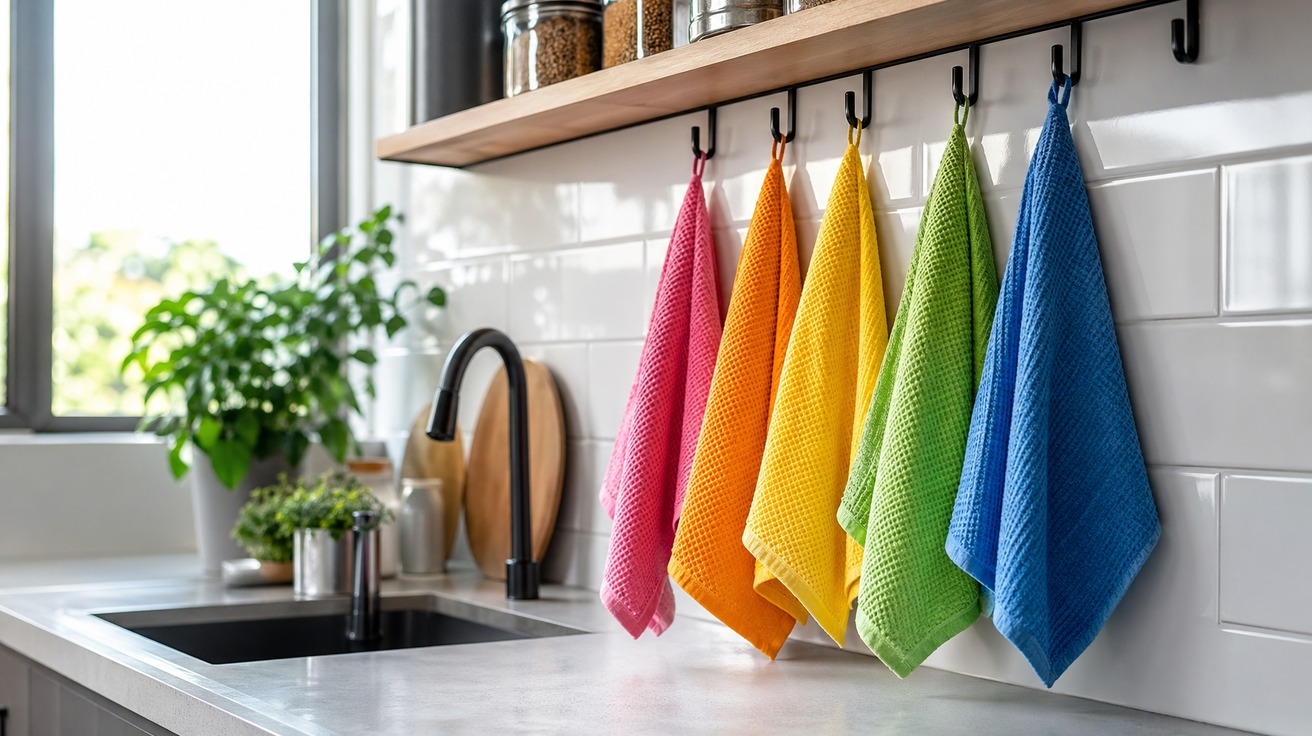 Uma cozinha moderna e limpa com foco em um conjunto de panos de prato coloridos e organizados, pendurados em ganchos separados, sugerindo um sistema de higiene.