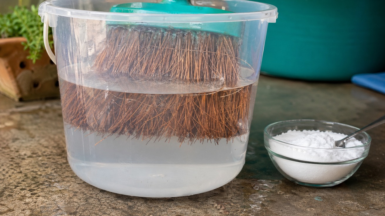 Close-up das cerdas de uma vassoura de piaçava mergulhadas em um balde transparente com água e sal, demonstrando um truque caseiro para aumentar sua durabilidade e resistência.