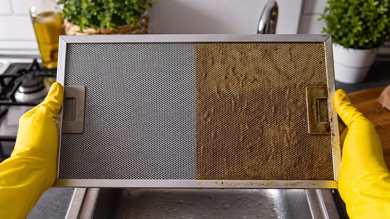 Filtro de exaustor de metal, metade completamente limpo e brilhante, metade ainda coberto por uma camada espessa de gordura amarelada, mostrando o antes e depois da limpeza.