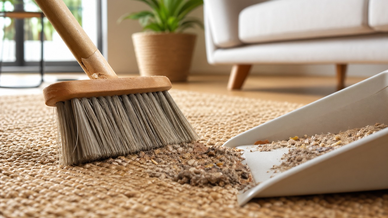 Close-up de uma escova de cerdas firmes em ação sobre um tapete de fibra natural, levantando poeira e detritos que são recolhidos por uma pá de lixo ao lado.