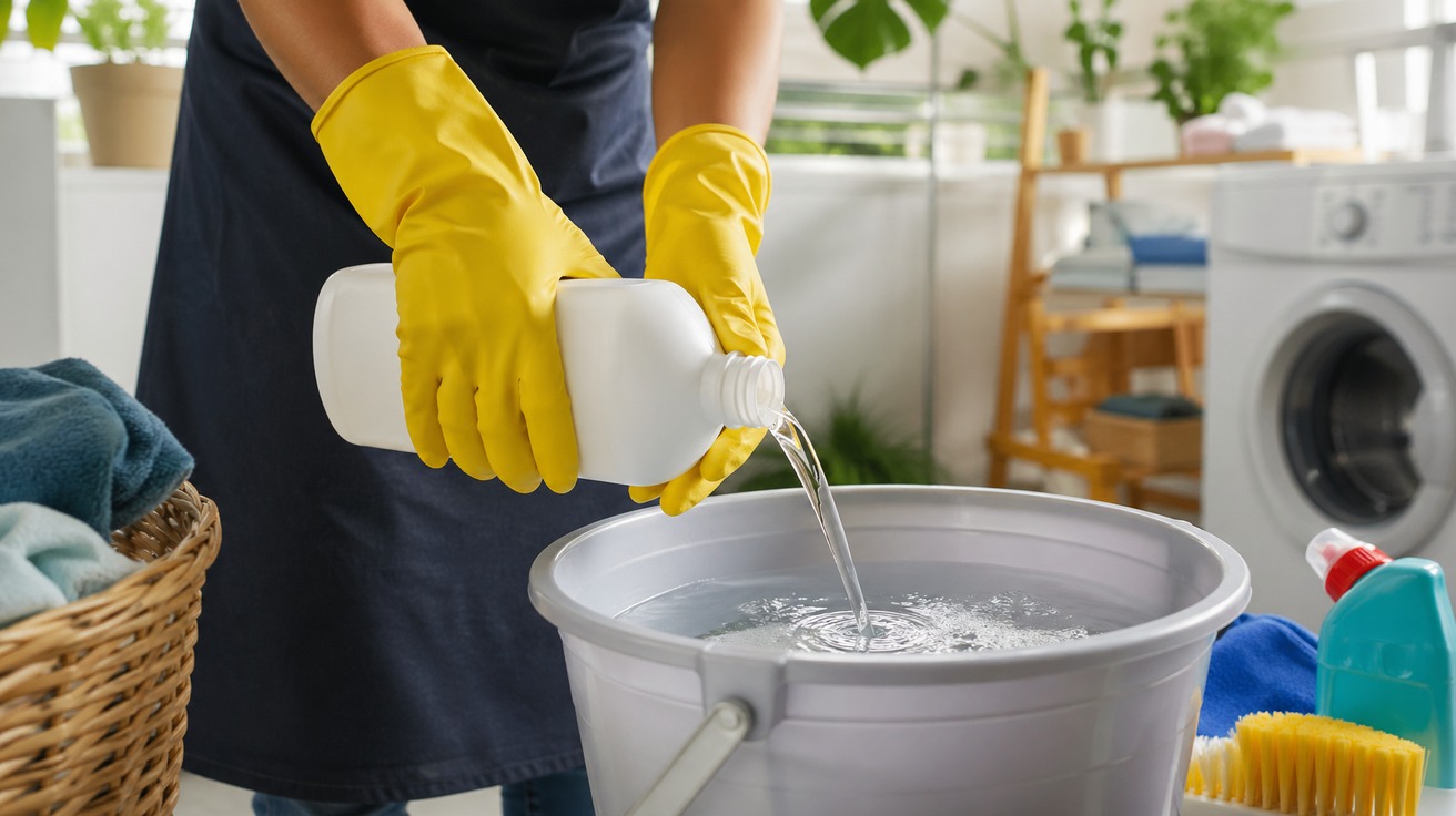 Uma pessoa usando luvas de borracha amarelas enquanto despeja cuidadosamente um líquido de uma garrafa branca genérica em um balde com água, em uma área de serviço bem iluminada e ventilada.