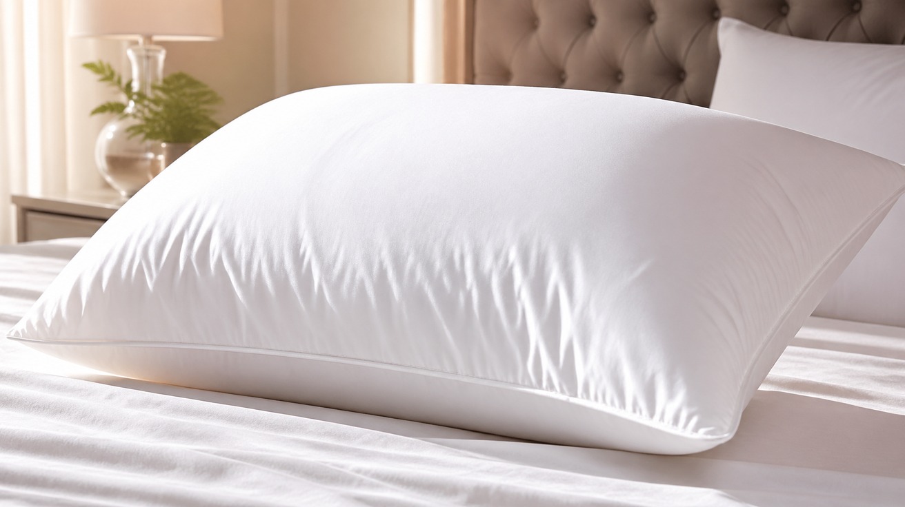 Um close-up de um travesseiro perfeitamente branco e fofo sobre uma cama arrumada com lençóis de algodão claro, transmitindo uma sensação de limpeza e conforto.