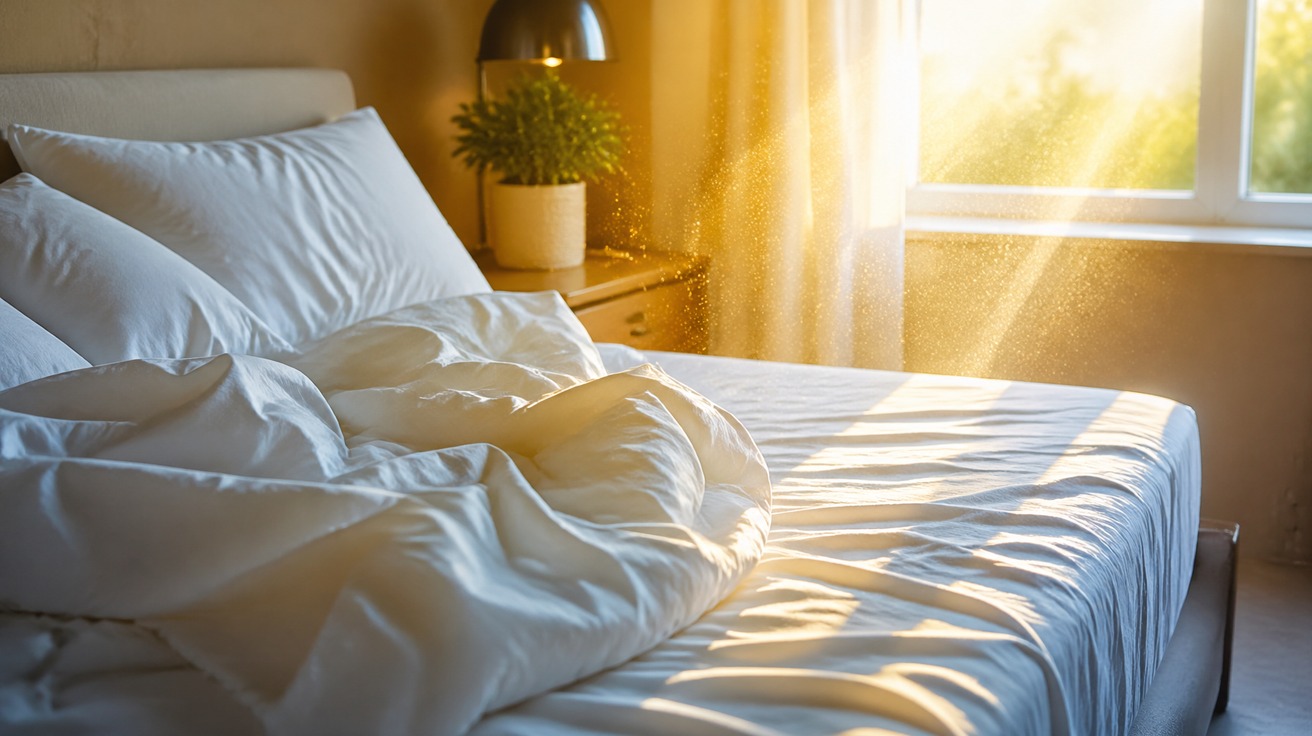 Cama desarrumada pela manhã com lençóis brancos puxados para trás, enquanto raios de sol entram pela janela, iluminando o colchão e partículas de poeira no ar, criando uma cena de ventilação e limpeza.