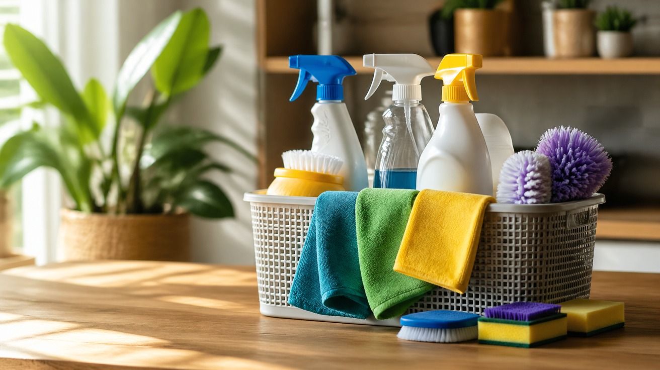 Um kit de limpeza organizado em um cesto, com borrifadores, panos de microfibra coloridos e escovas, sobre uma bancada de madeira, com uma planta desfocada ao fundo, transmitindo uma sensação de preparo e eficiência.