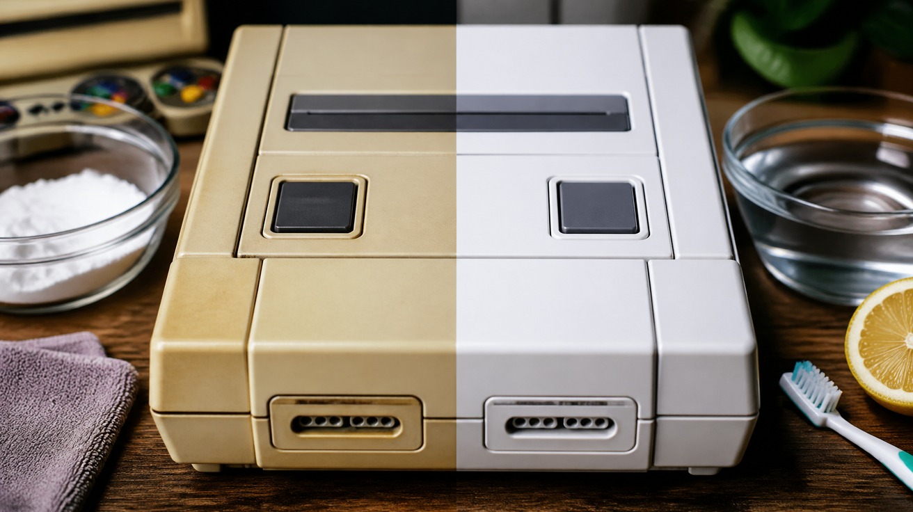 Um close-up de um antigo console de videogame, metade branco e restaurado, e a outra metade ainda amarelada pelo tempo, mostrando o antes e depois do processo de branqueamento.