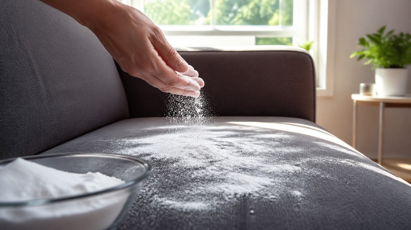 Uma mão espalhando um pó branco fino sobre o tecido de um sofá cinza escuro, com a luz do dia entrando pela janela ao fundo, destacando as partículas do pó no ar.