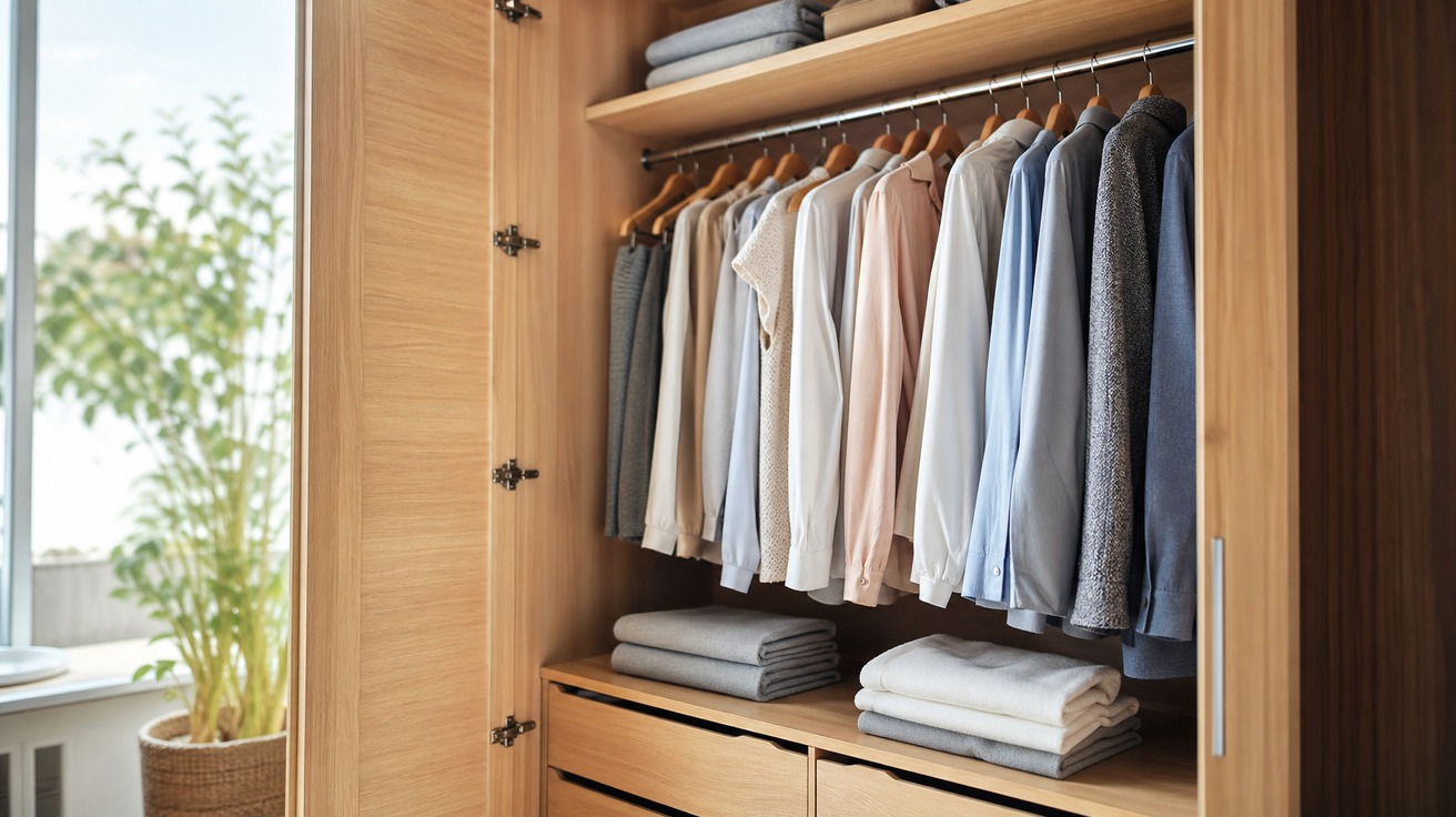 Interior de um armário de madeira clara, impecavelmente limpo e organizado, com roupas penduradas e bem espaçadas. A porta entreaberta revela um ambiente seco e arejado, simbolizando a solução permanente contra o mofo.