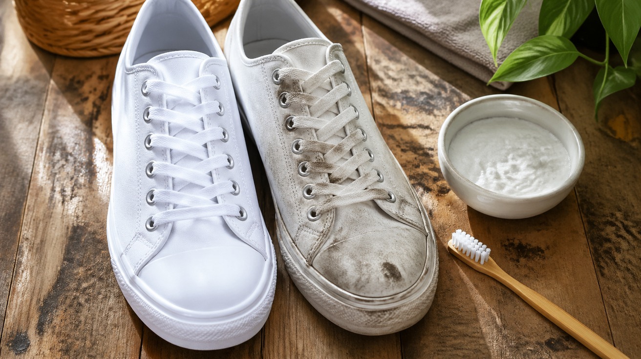 Um par de tênis brancos de lona, um impecavelmente limpo e o outro ainda sujo, sobre uma superfície de madeira rústica. Ao lado, uma pequena tigela de cerâmica com a pasta de limpeza e uma escova de dentes.