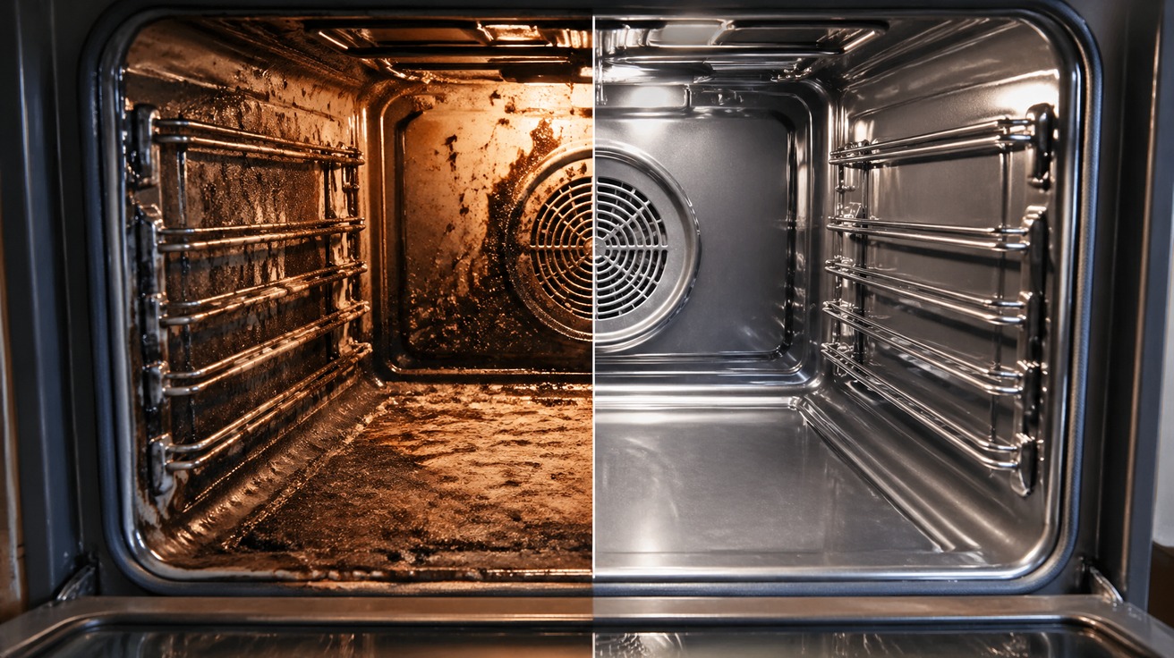 Interior de um forno com crostas de gordura queimada de um lado, e do outro lado, a superfície metálica limpa e brilhante após a aplicação de sal grosso.