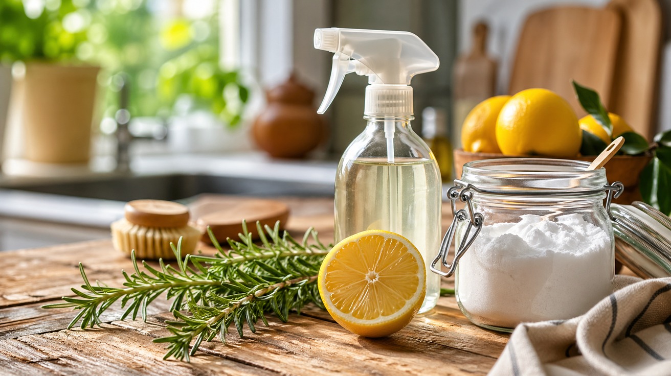Uma bancada de cozinha de madeira rústica com ingredientes de limpeza naturais dispostos artisticamente: um borrifador de vidro com líquido claro, um limão siciliano cortado ao meio, um ramo de alecrim, e um pote com bicarbonato de sódio.
