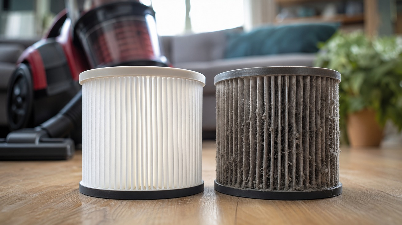 Comparativo visual entre um filtro de aspirador HEPA novo, branco e limpo, e um filtro velho, completamente cinza e obstruído por uma camada grossa de poeira e sujeira.
