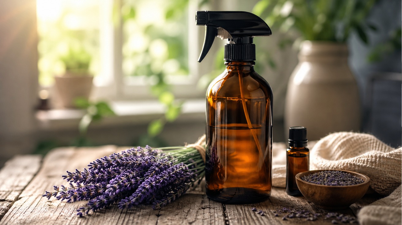 Um borrifador de vidro âmbar sobre uma bancada de madeira rústica, ao lado de um pequeno ramo de lavanda fresca e um frasco de óleo essencial, com uma luz suave de janela ao fundo.