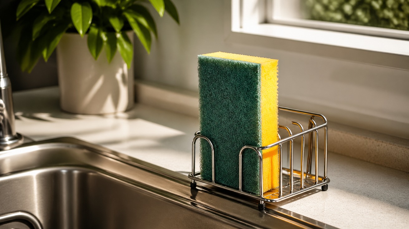 Uma esponja de cozinha amarela e verde perfeitamente seca, apoiada verticalmente sobre uma grade de metal ao lado de uma pia de inox limpa e bem iluminada, mostrando um método eficaz de armazenamento.