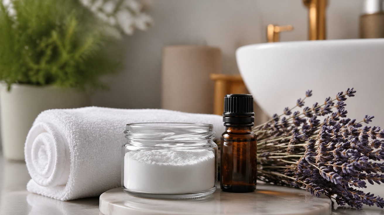 Um pequeno pote de vidro com bicarbonato de sódio e um frasco de óleo essencial de lavanda ao lado, sobre uma bancada de banheiro elegante e minimalista com uma toalha branca enrolada e um ramo de lavanda seca ao fundo.