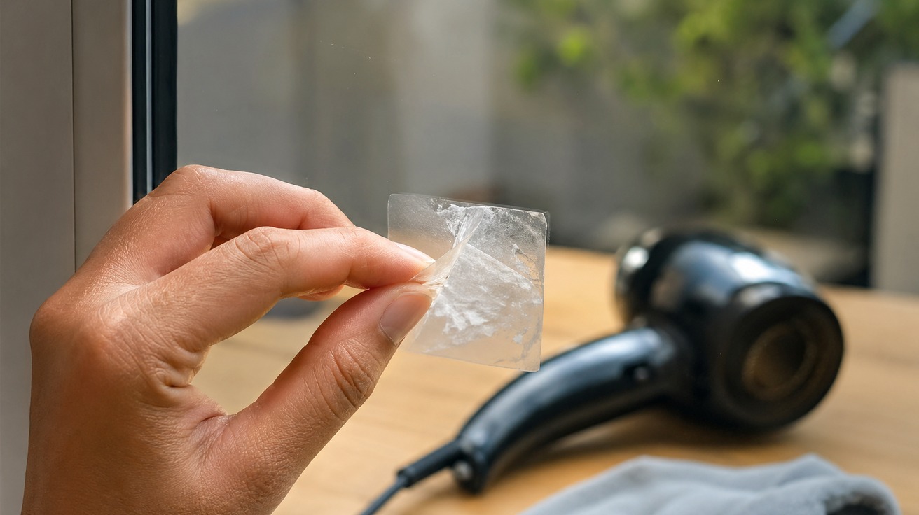 Close-up de uma mão removendo cuidadosamente um adesivo de uma superfície de vidro limpa, com um secador de cabelo ao fundo desfocado.