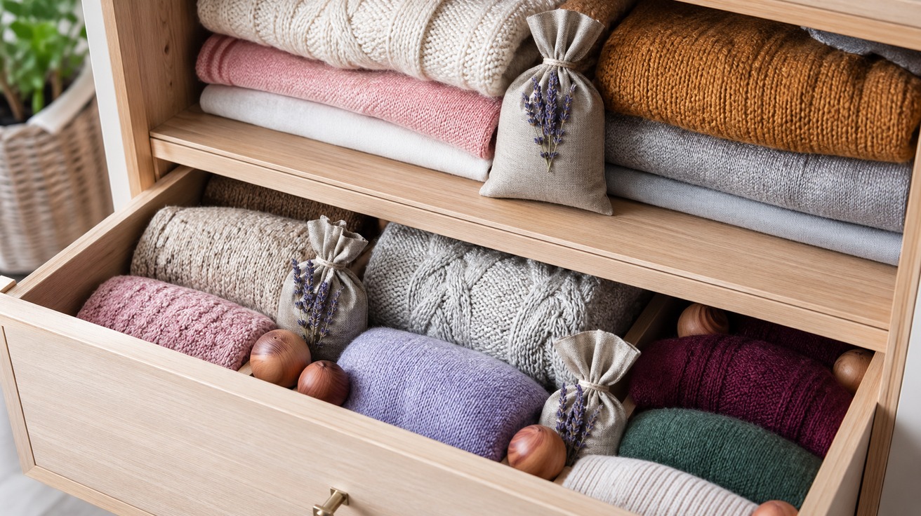 Um armário de madeira claro e organizado, com pequenos sachês de tecido de linho recheados com lavanda seca e bolas de cedro espalhados entre suéteres de lã coloridos e bem dobrados.