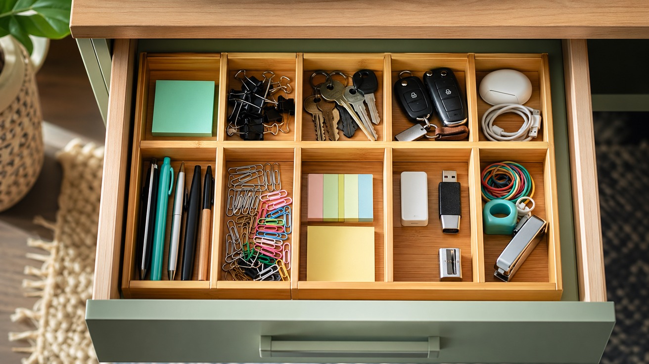 Visão de cima de uma gaveta de madeira perfeitamente organizada, com divisórias de bambu separando canetas, clips, chaves e pequenos objetos do dia a dia, tudo em seu devido lugar sob uma luz natural e limpa.