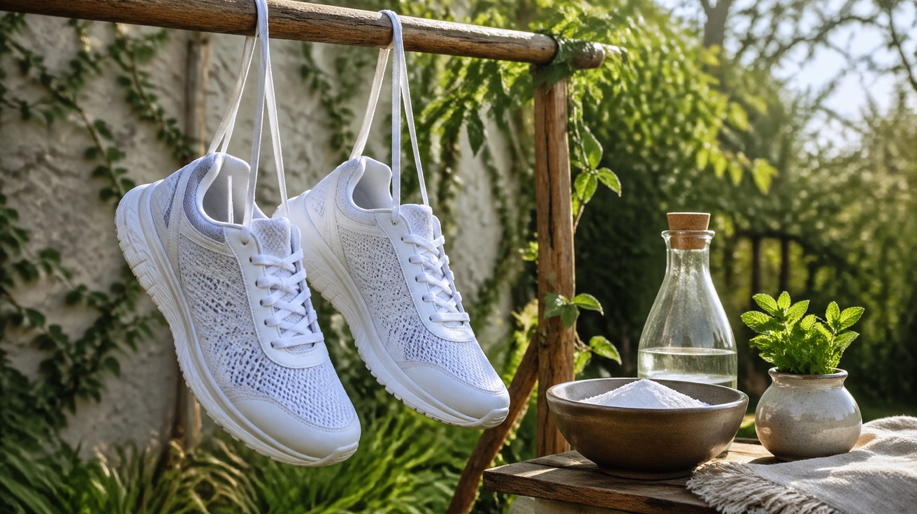 Um par de tênis de corrida brancos e limpos secando ao ar livre, pendurados pelos cadarços em um varal de madeira rústico. Ao lado, em uma pequena bancada, potes de cerâmica com bicarbonato de sódio e vinagre, e algumas folhas de hortelã frescas.