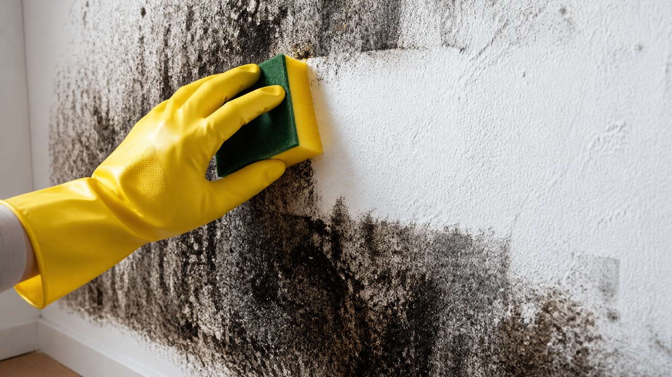 Detalhe de uma parede branca texturizada com uma grande mancha escura de mofo, onde uma mão com luva amarela passa uma esponja, revelando a área limpa em contraste.