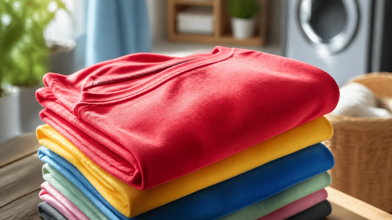Close-up de uma pilha de roupas coloridas, com uma camiseta de cor vibrante no topo, mostrando a textura do tecido e a riqueza das cores, dentro de uma lavanderia com iluminação suave.